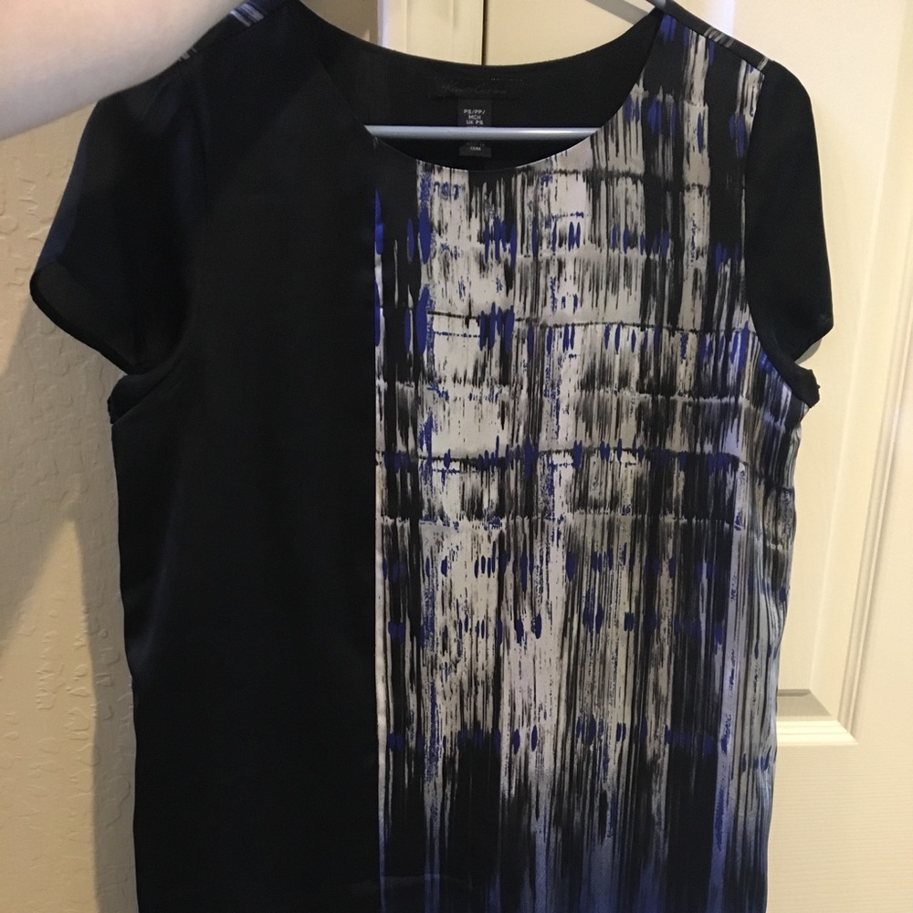Black silk mini dress with blue and white details
